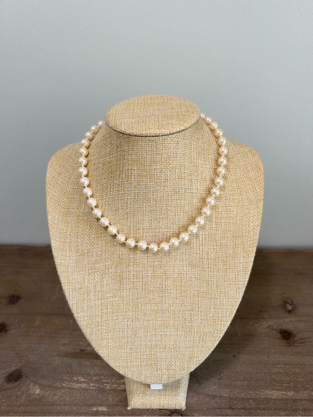 Vintage Style Knotted Faux Pearl Necklace Gold Tone Filigree Clasp